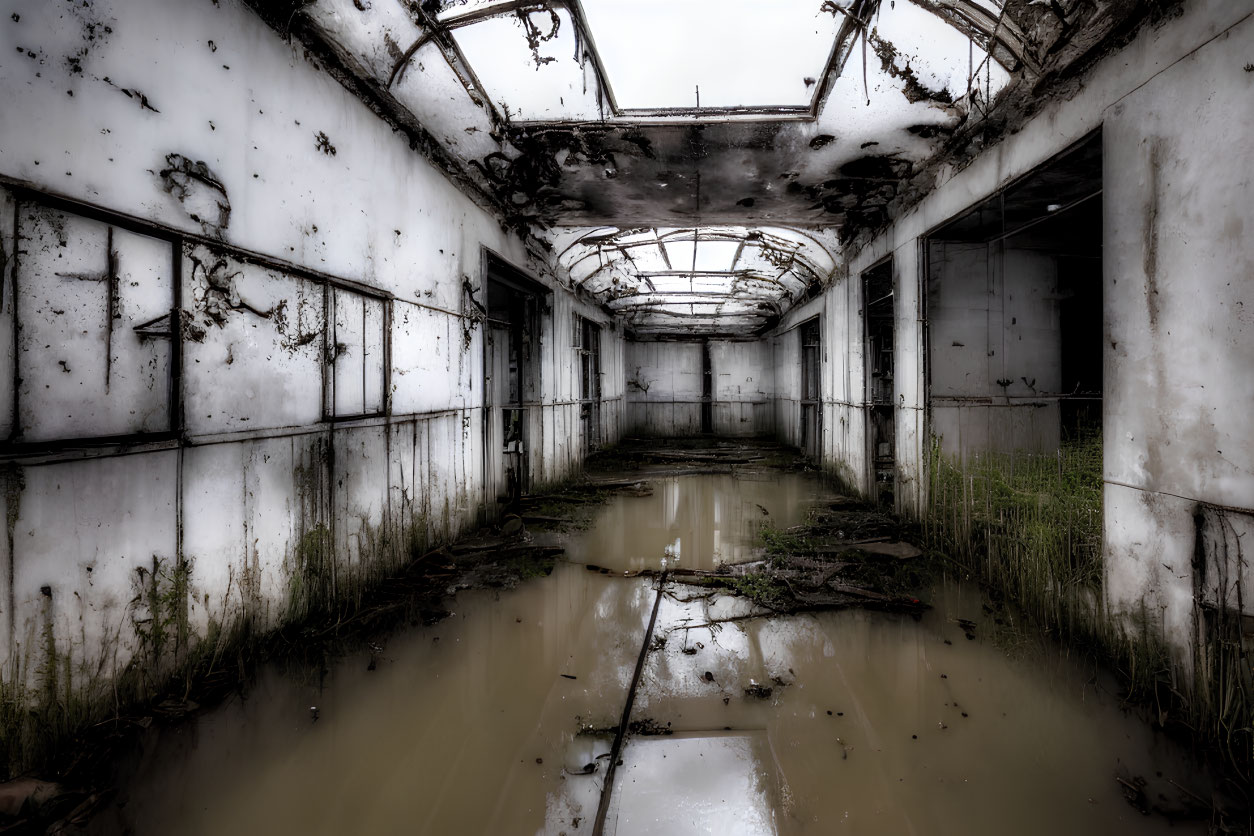 Abandoned building interior with flooded floor and overgrown vegetation.