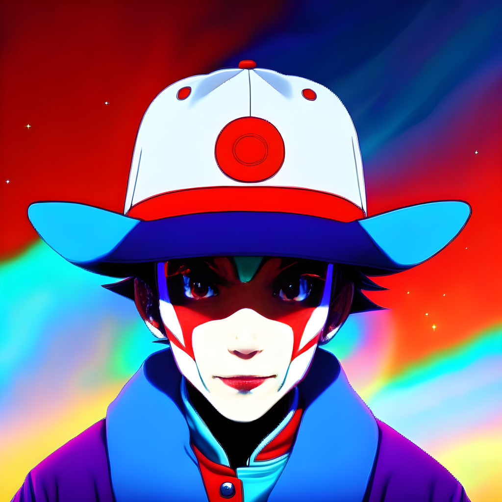 Anime character with red & white face paint in two-tone hat against cosmic backdrop