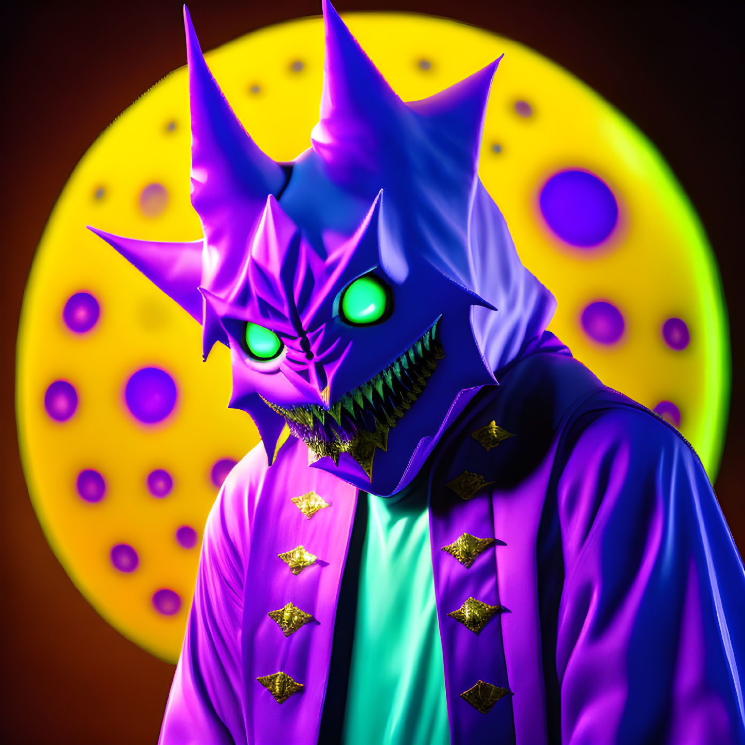 Colorful digital artwork: Character with purple mask, green eyes, purple coat, golden buttons, on