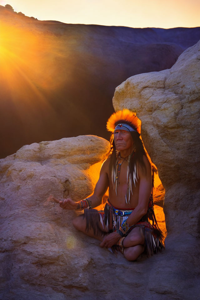 Native American meditating in headdress at sunset on rocky terrain.