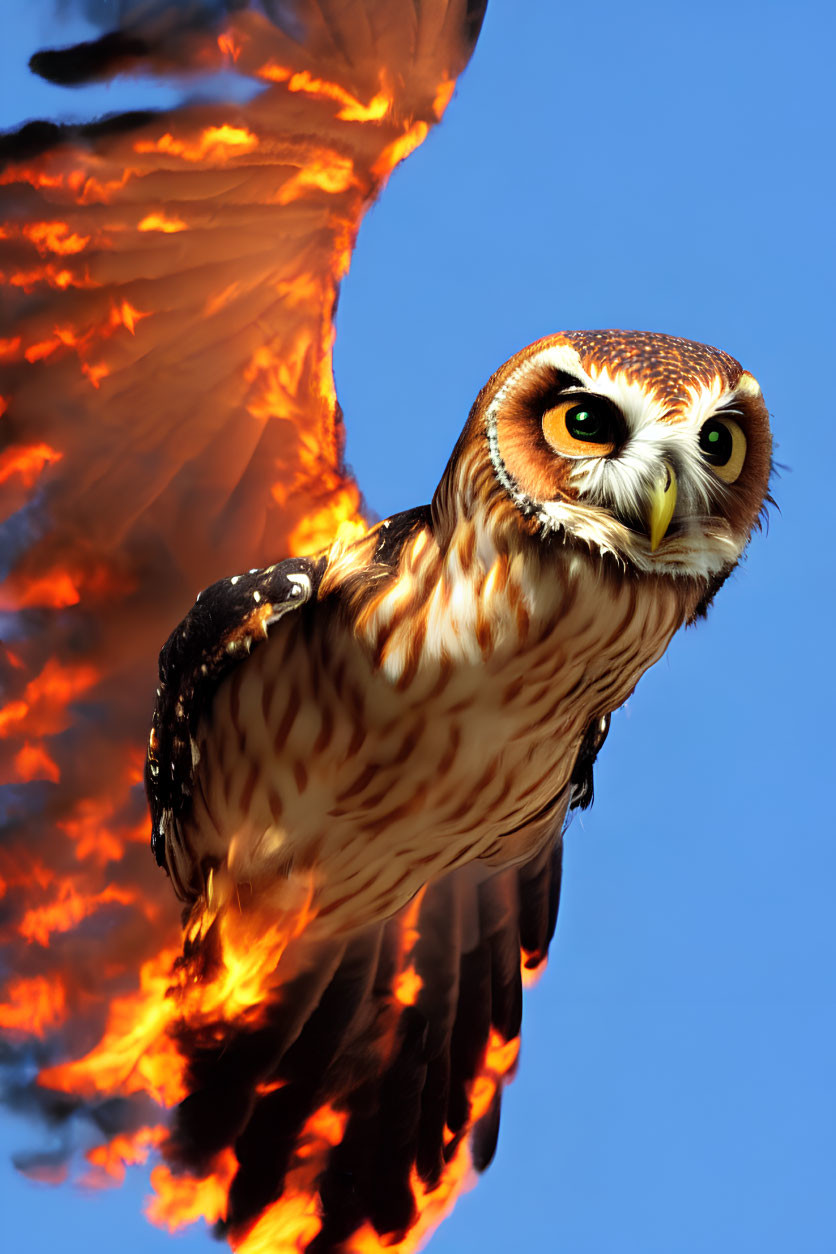 Owl in flight with spread wings against fiery backdrop