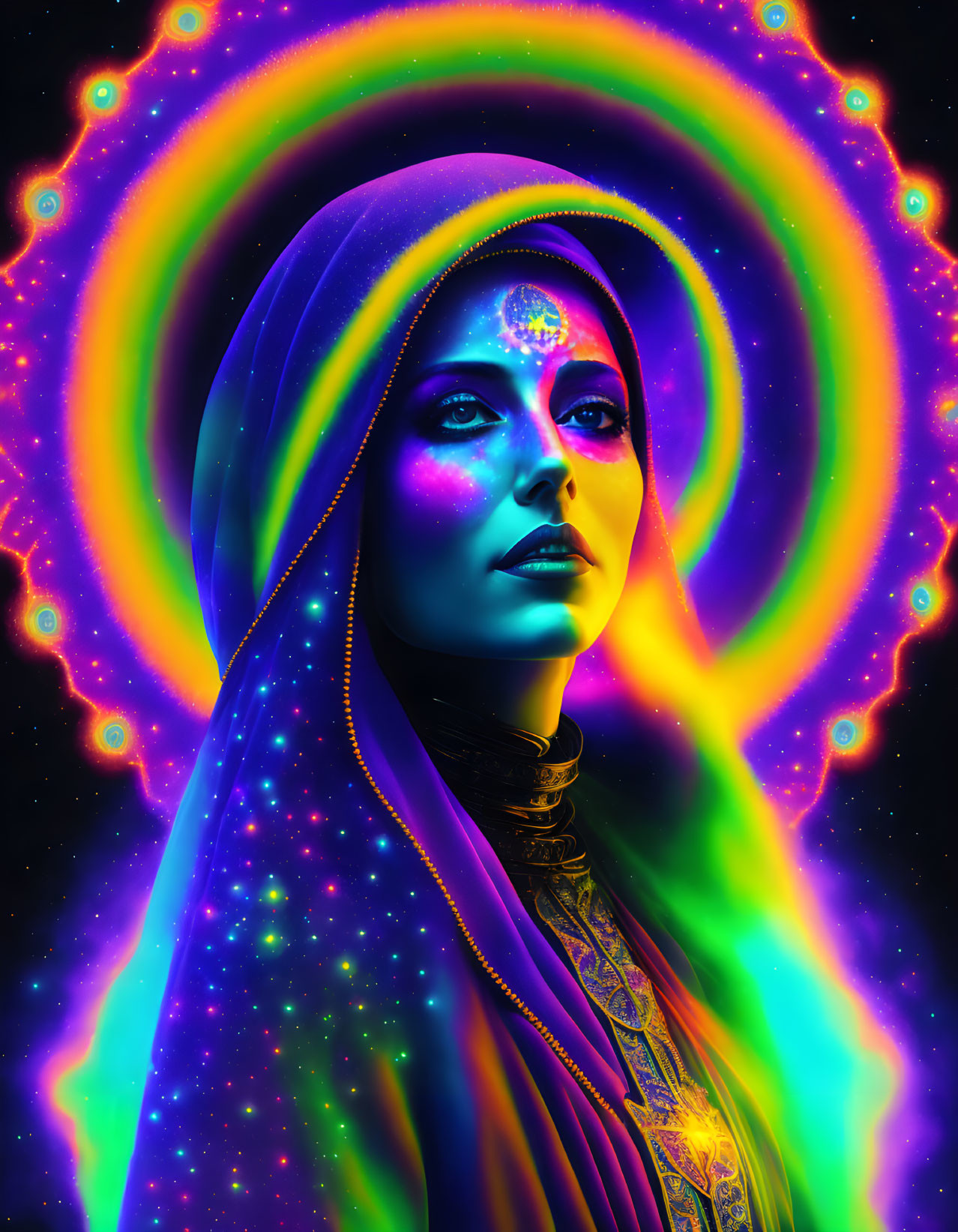 Vibrant cosmic-themed digital art portrait of a woman