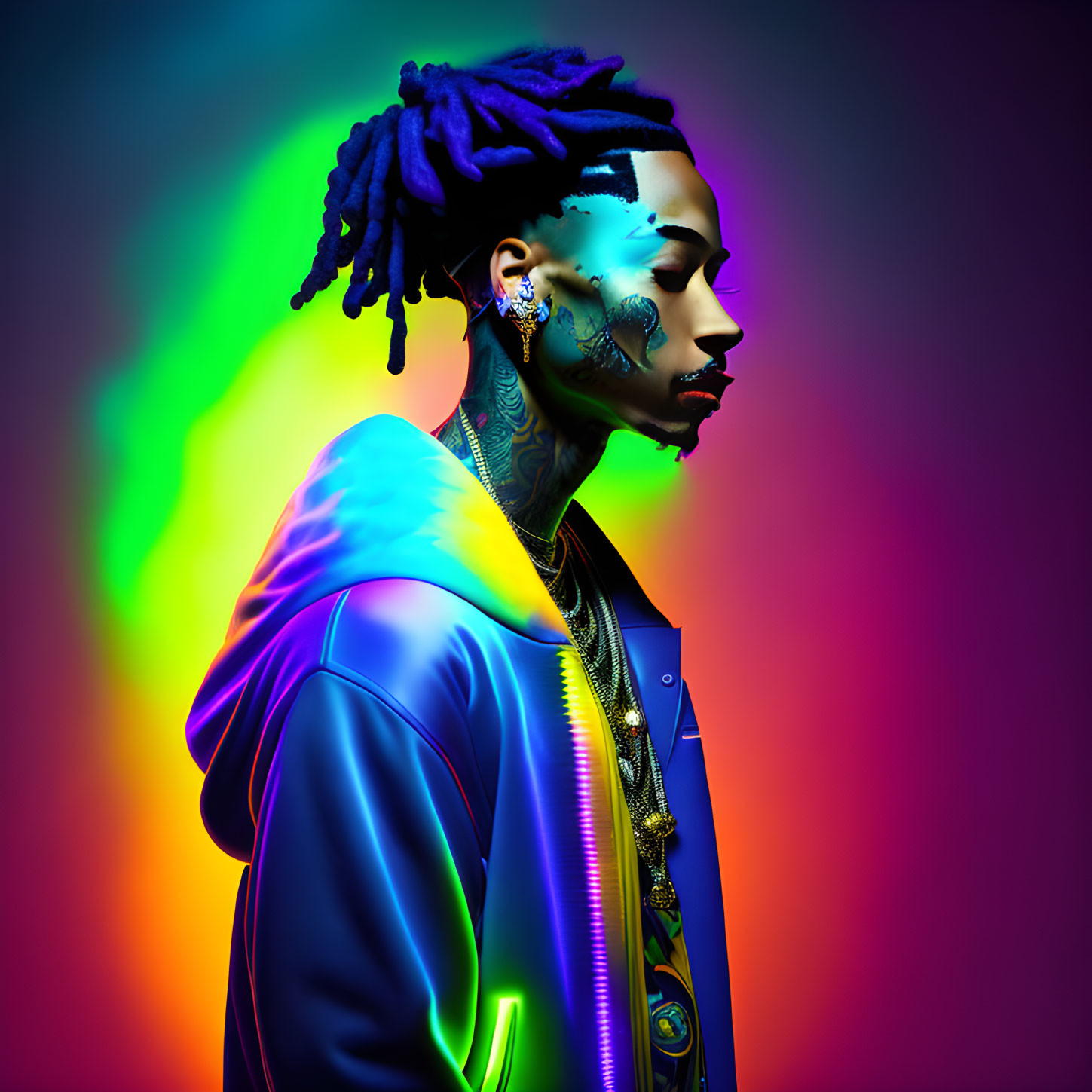 Person with facial tattoos and dreadlocks against rainbow background in blue jacket.