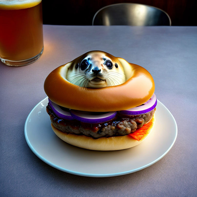 Seal's head replaces beef patty in hamburger with beer glass in background