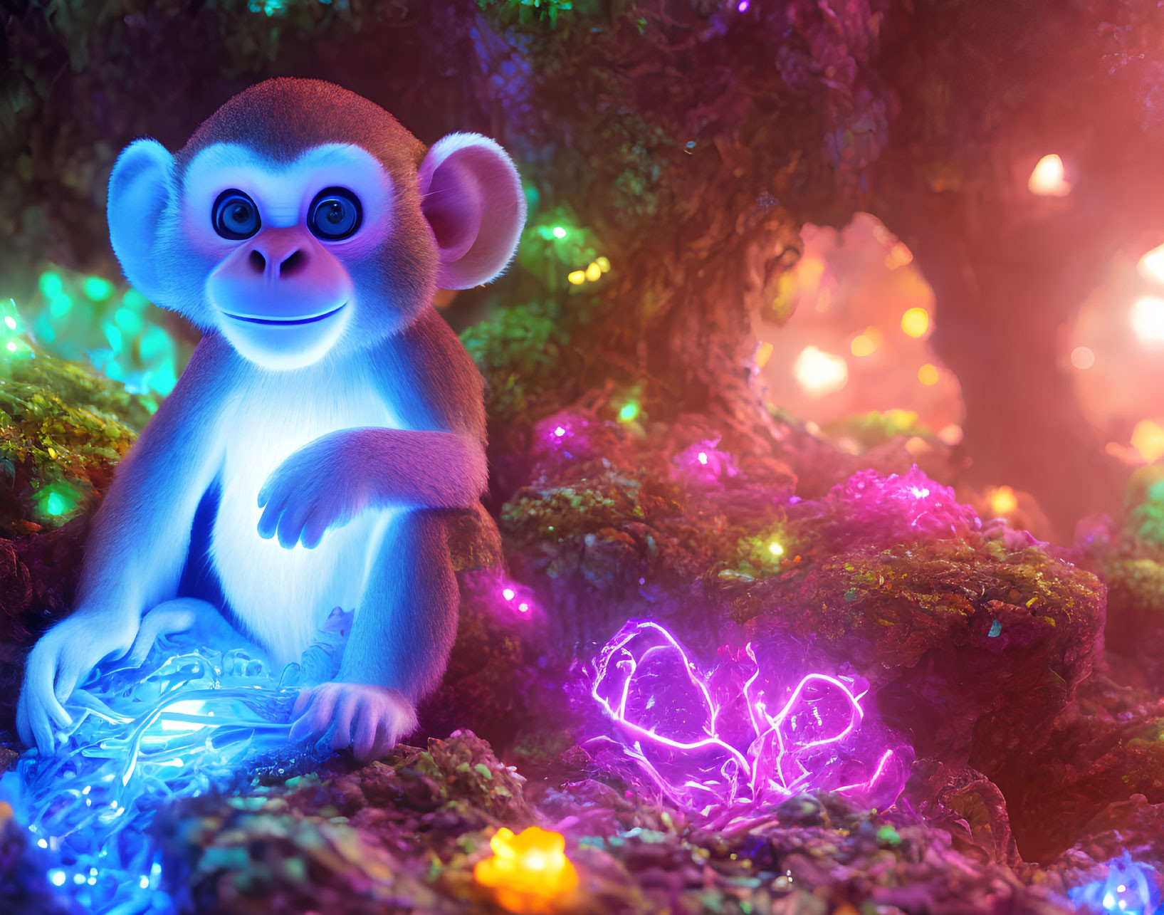 Vibrant Cartoon Monkey Illustration with Glowing Blue Eyes