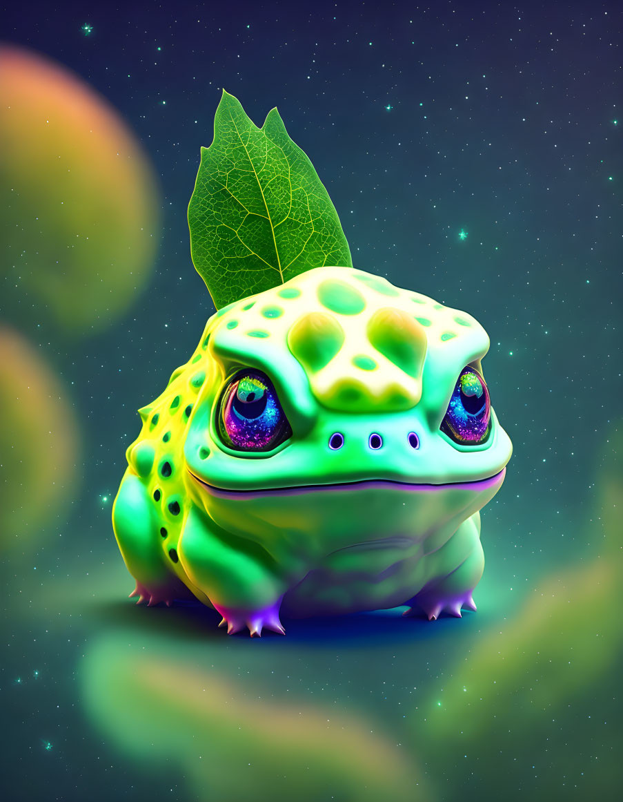 Chubby frog with sparkling eyes and leaf on head in cosmic setting