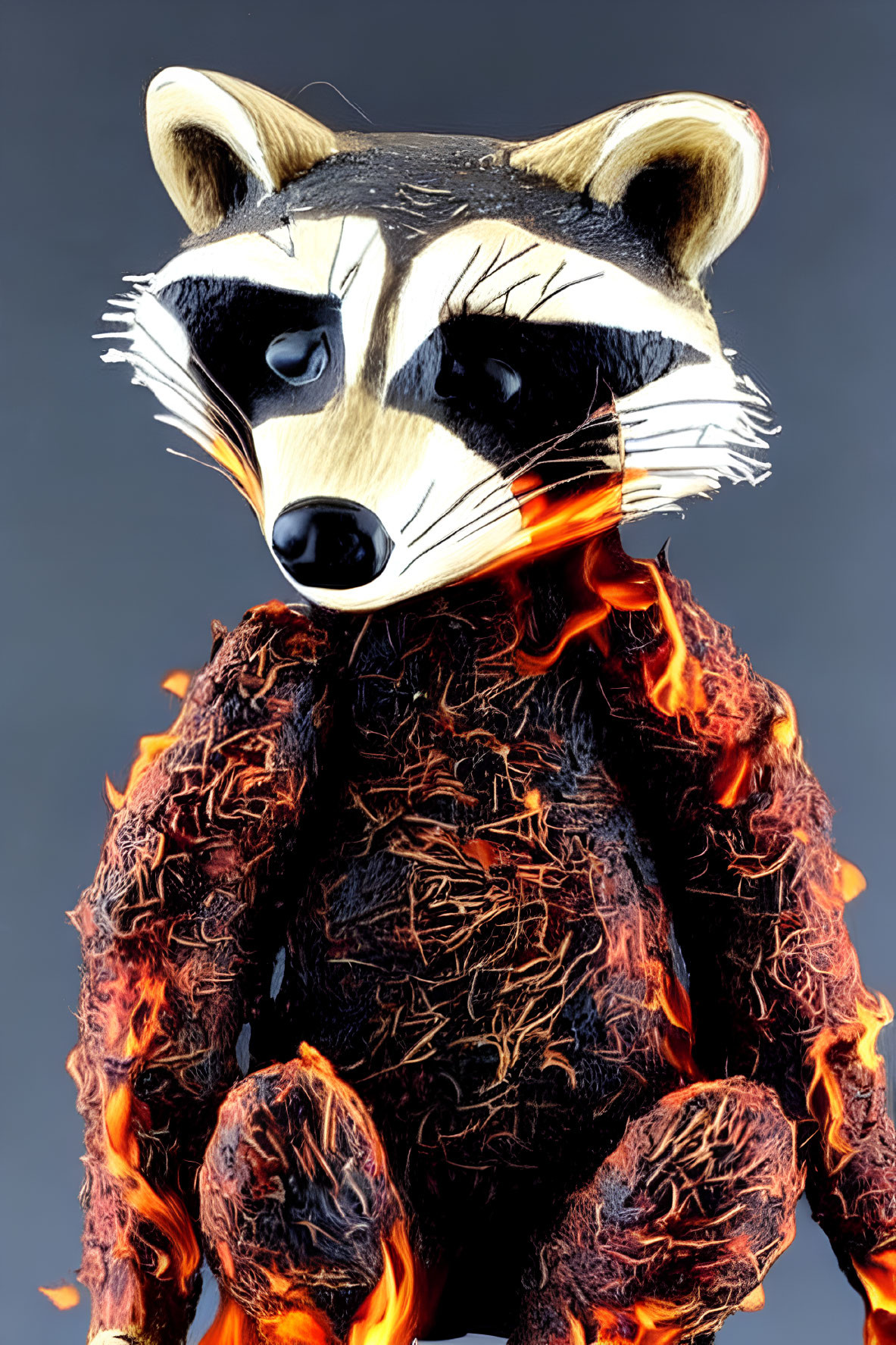 Detailed Raccoon Figure in Flames Against Gray Background