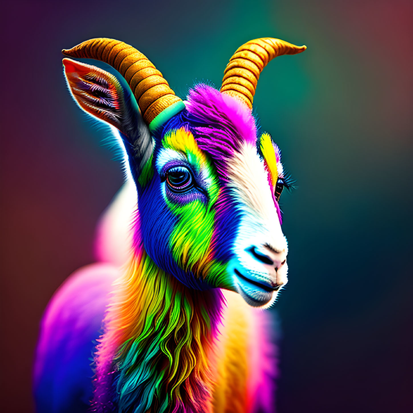 Vibrant rainbow-colored goat against dark background