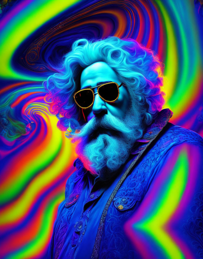 Colorful Psychedelic Portrait of Figure with Blue Hair and Beard