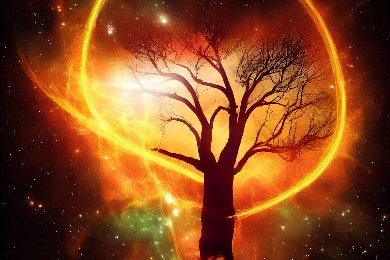 Silhouette of bare tree against vibrant cosmic background with luminous ring