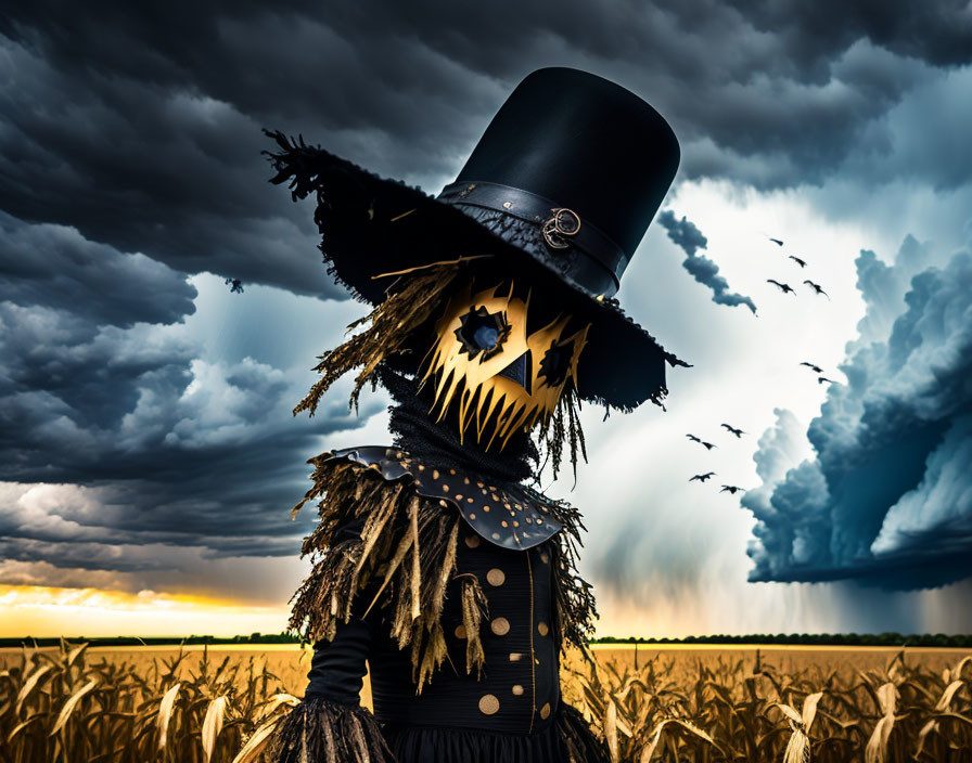 Sinister scarecrow in top hat under stormy sky