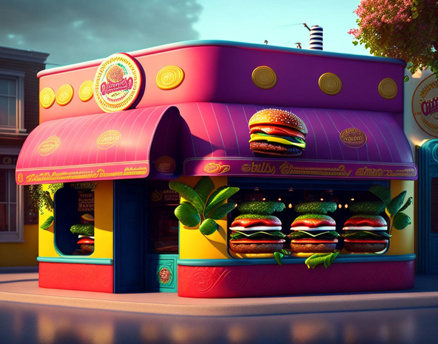 Vibrant Cartoon-Style Illustration of a Burger Restaurant