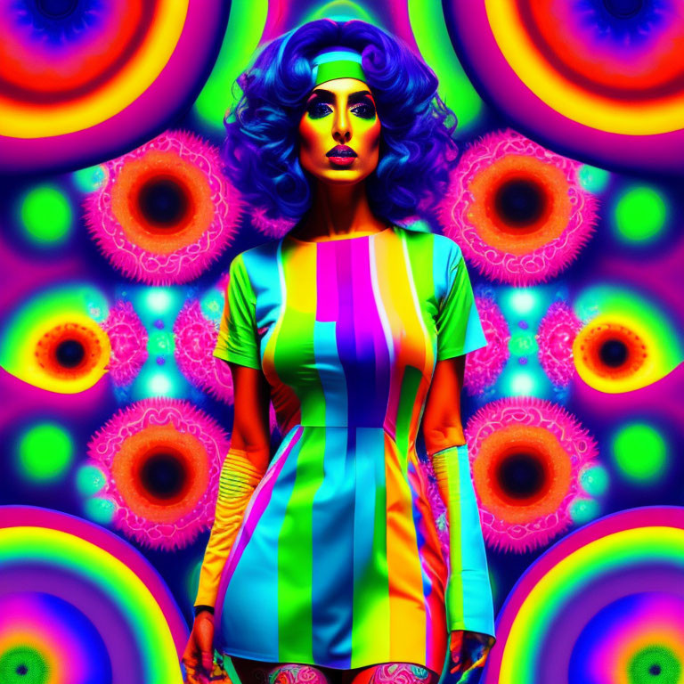 Colorful portrait of a woman in striped dress with psychedelic patterns and blue headband against multicolored