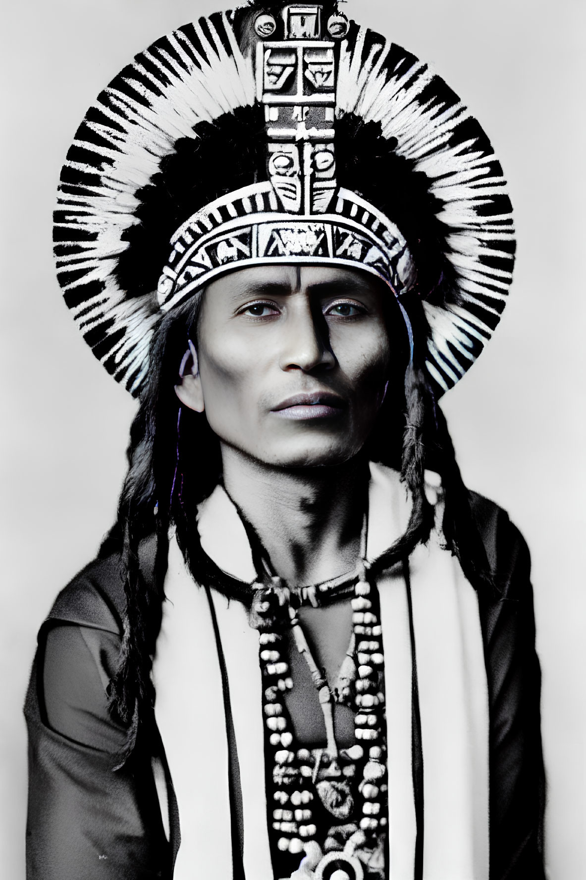 Portrait of person in Native American headdress with intricate beadwork and feathers.