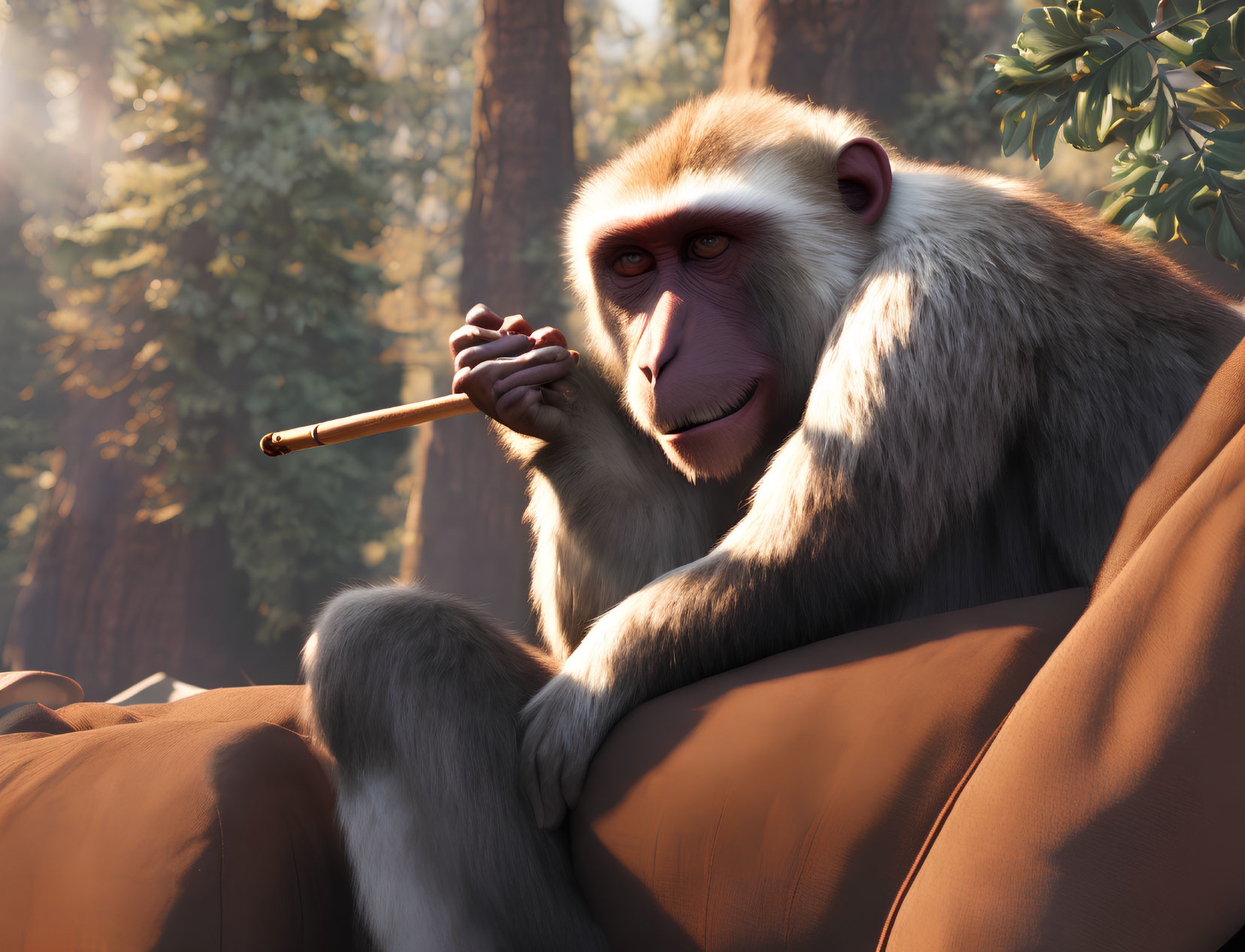 Animated baboon sitting on rock in forest with stick under sunlight