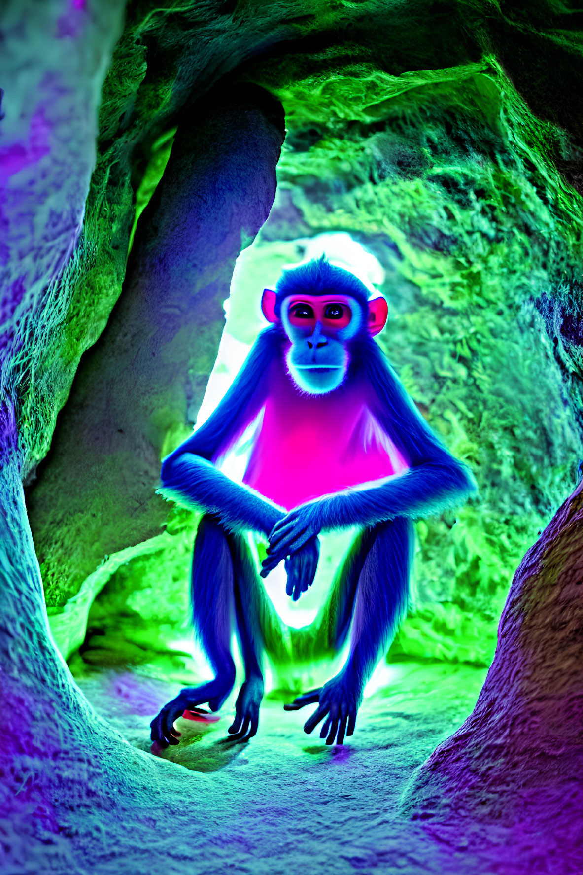 Vibrant neon blue and pink monkey in colorful cave setting