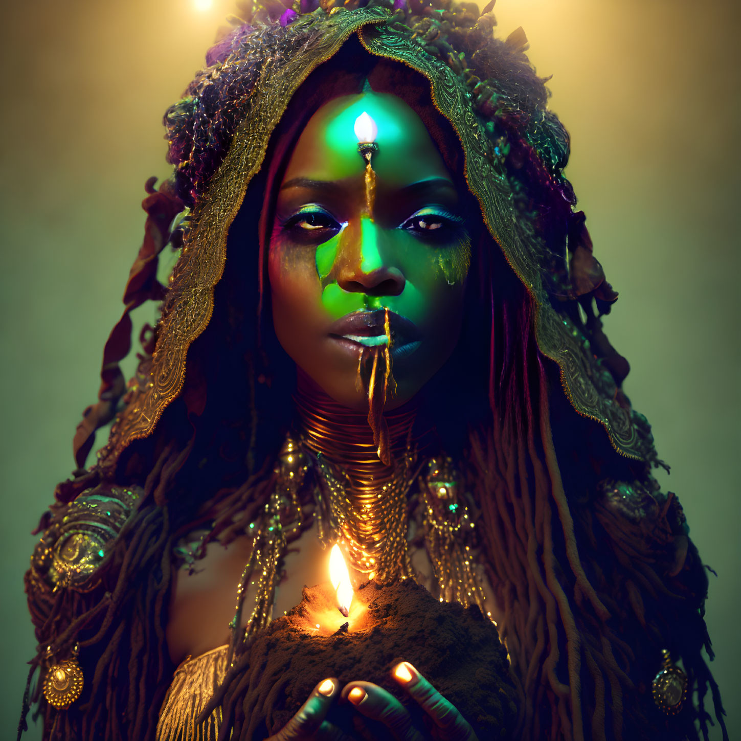 Woman with tribal makeup holding a lit candle in mystical setting