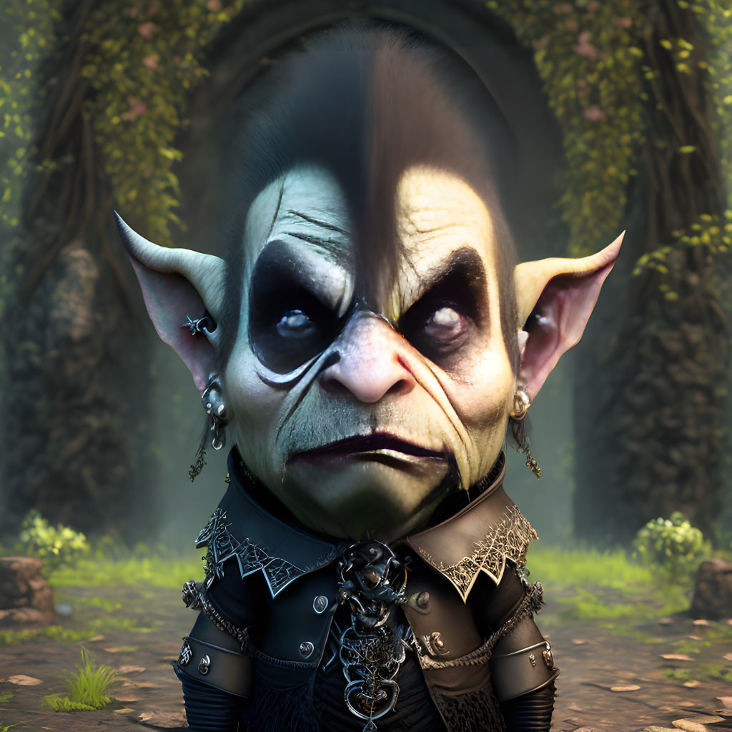 Fantasy creature with pointed ears, mohawk, and leather attire in forest setting