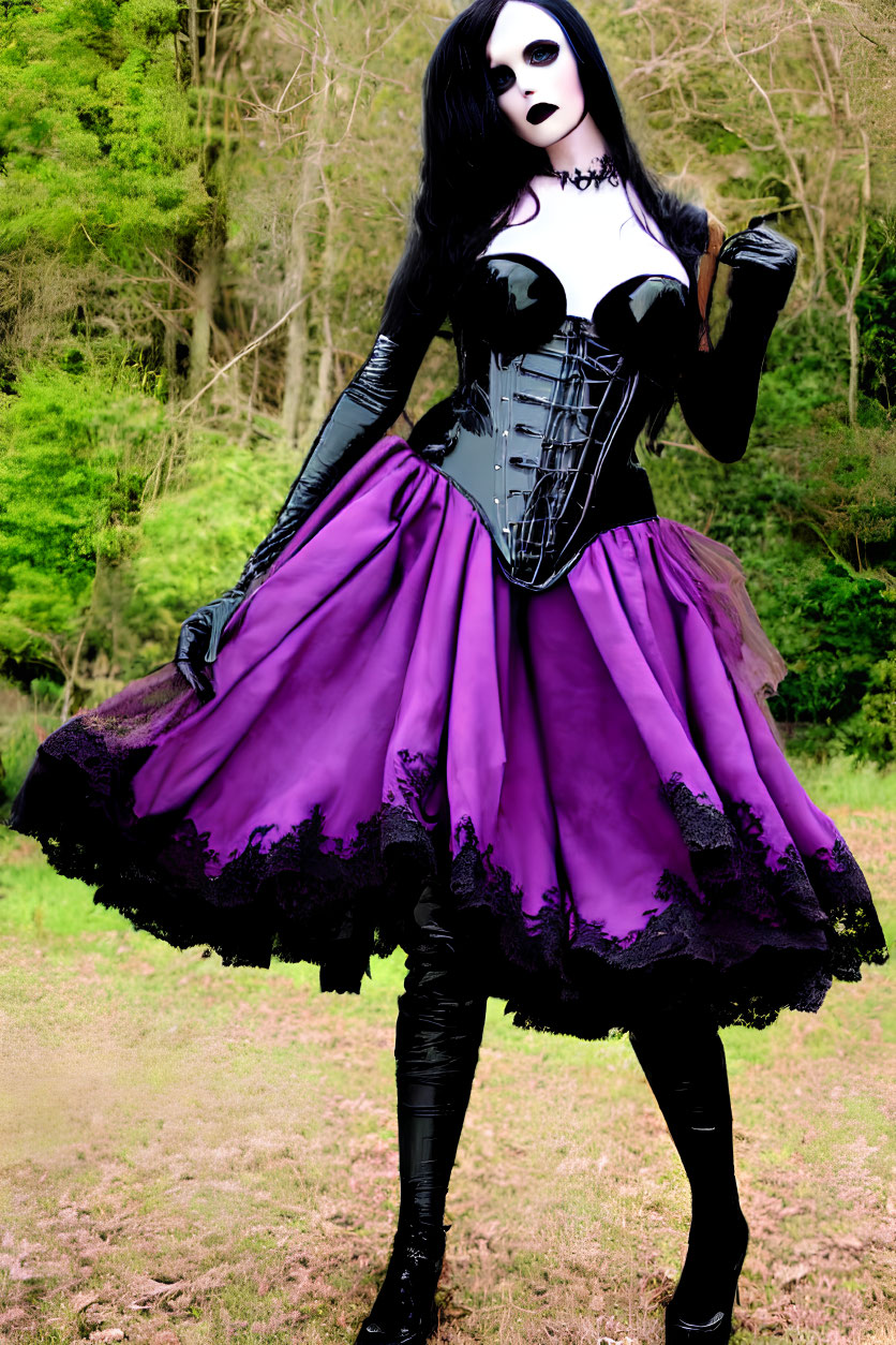 Person in Gothic Attire with Black Corset and Purple Skirt in Forest