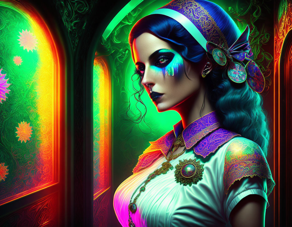 Fantasy-themed woman portrait with intricate makeup and jewelry on colorful, patterned background