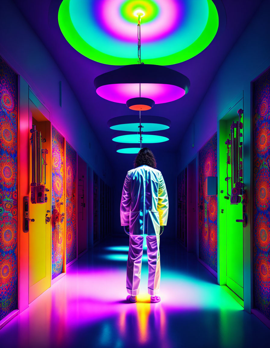 Vibrant corridor with psychedelic patterns and neon lights