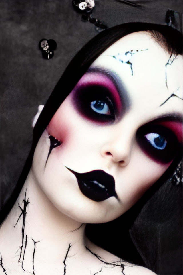 Gothic makeup with black lipstick, dramatic eye shadow, cracked skin effects, and skull accessories