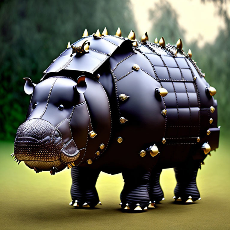 Digital artwork: Hippopotamus in metallic armor with rivets on blurred green background