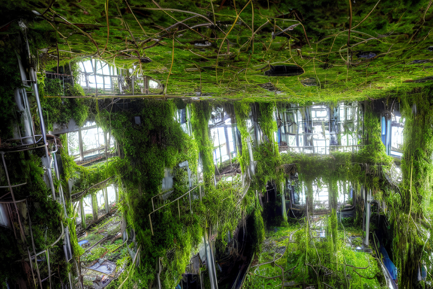 Abandoned building interior with overgrown greenery and sunlight filtering in