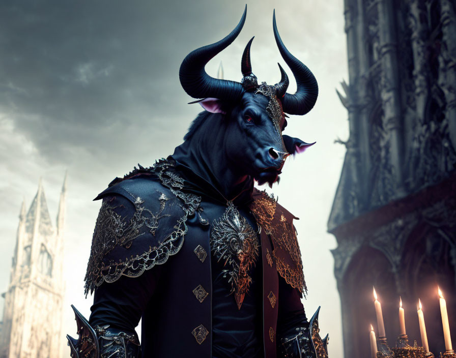 Anthropomorphic bull in gothic attire at candlelit cathedral