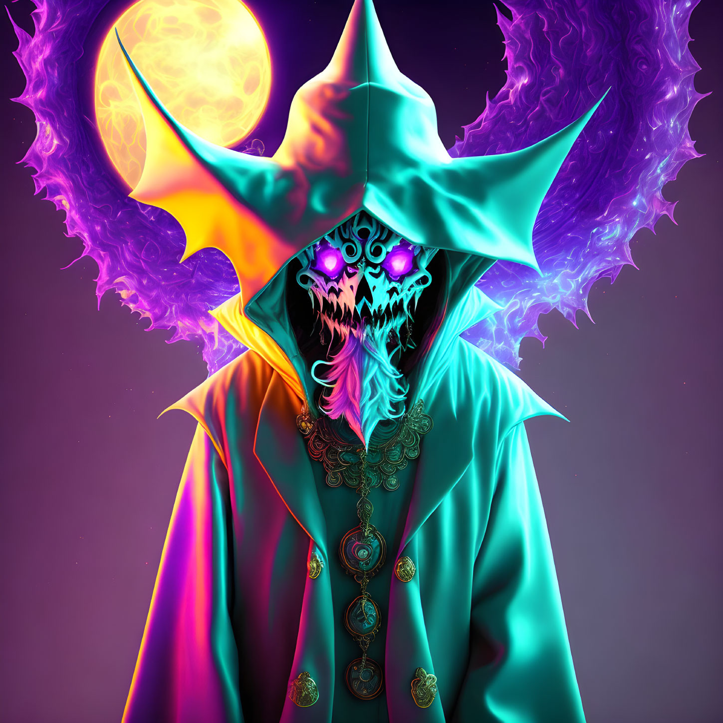 Colorful skull-faced figure in ornate cloak against cosmic backdrop