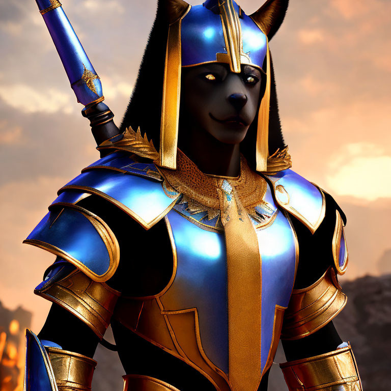 Jackal-headed Figure in Blue and Gold Armor with Staff on Sunset Sky