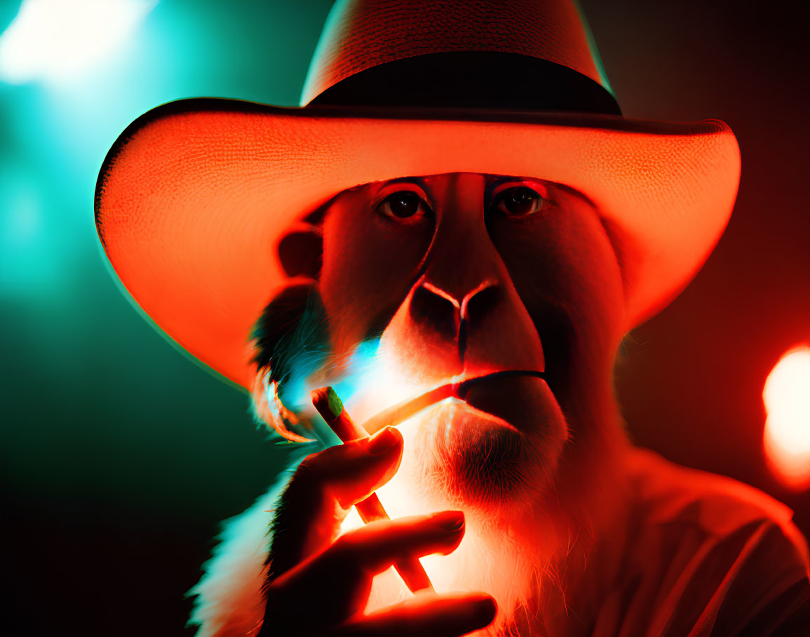 Person in Wide-Brimmed Hat with Dramatic Lighting and Cigarette