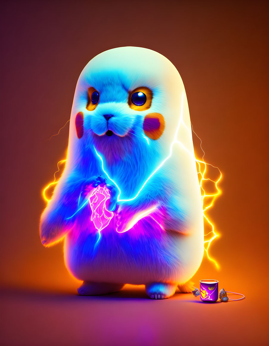 Colorful 3D illustration of blue creature with electric powers beside potion and crystals on orange backdrop