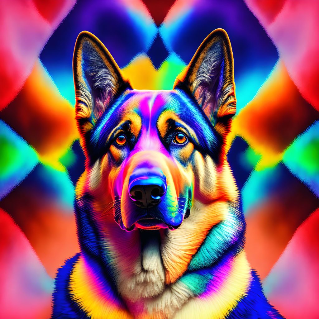 Colorful Digital Art: German Shepherd with Rainbow Hues & Kaleidoscopic Background