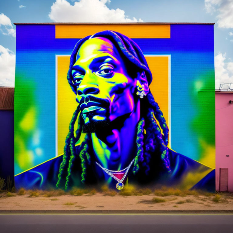 Colorful street mural featuring man with braided hair and chain necklace on geometric backdrop