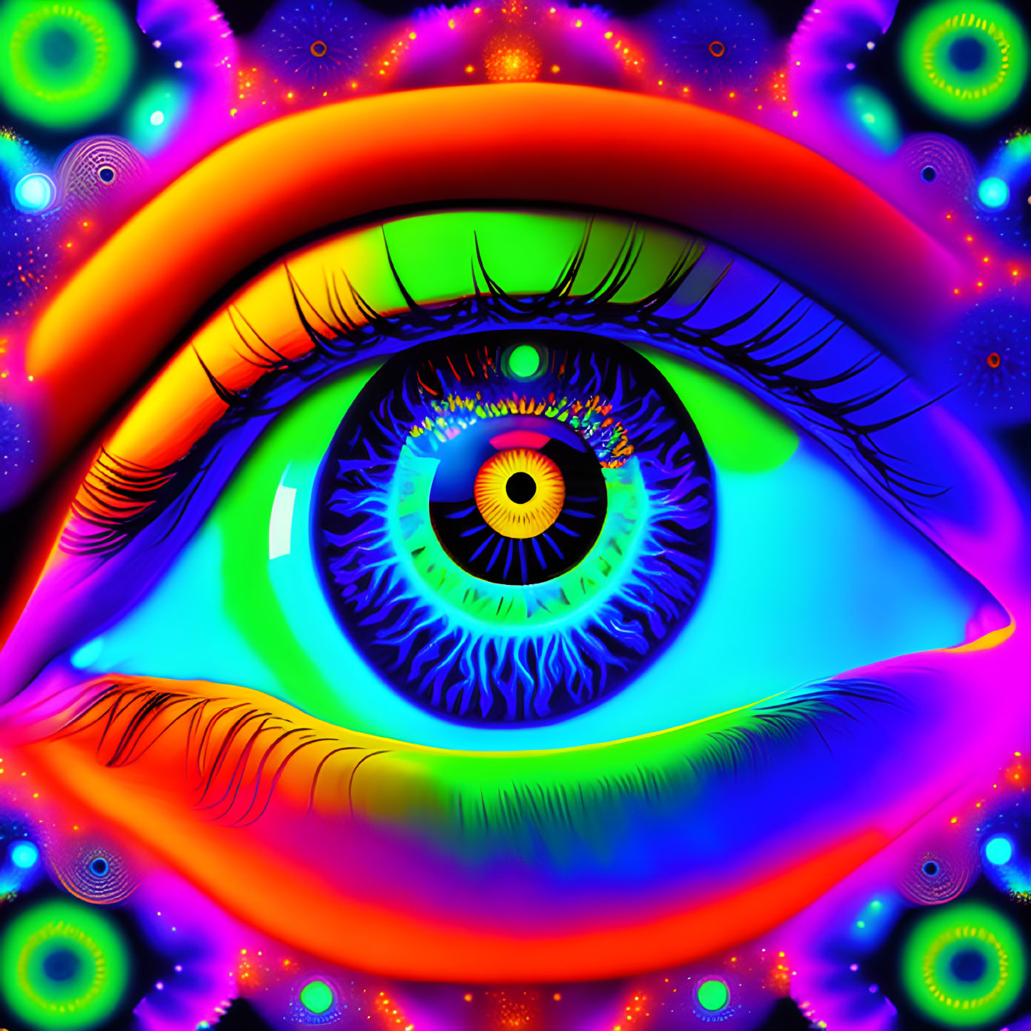 Colorful digital artwork of hyper-stylized eye with neon colors and psychedelic patterns