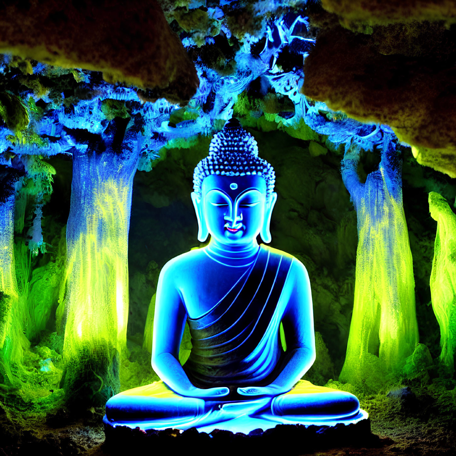 Blue and White Buddha Statue Surrounded by Neon Green Lights in Cave