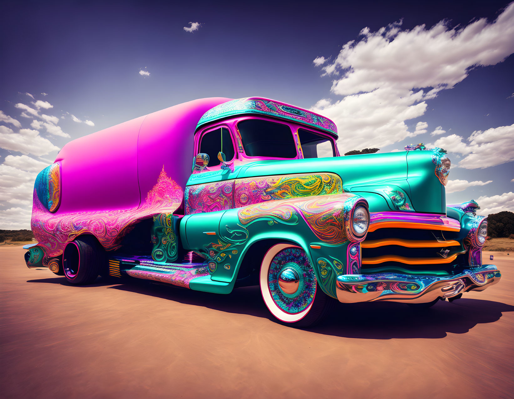 Vibrant psychedelic-patterned classic truck and trailer under blue sky