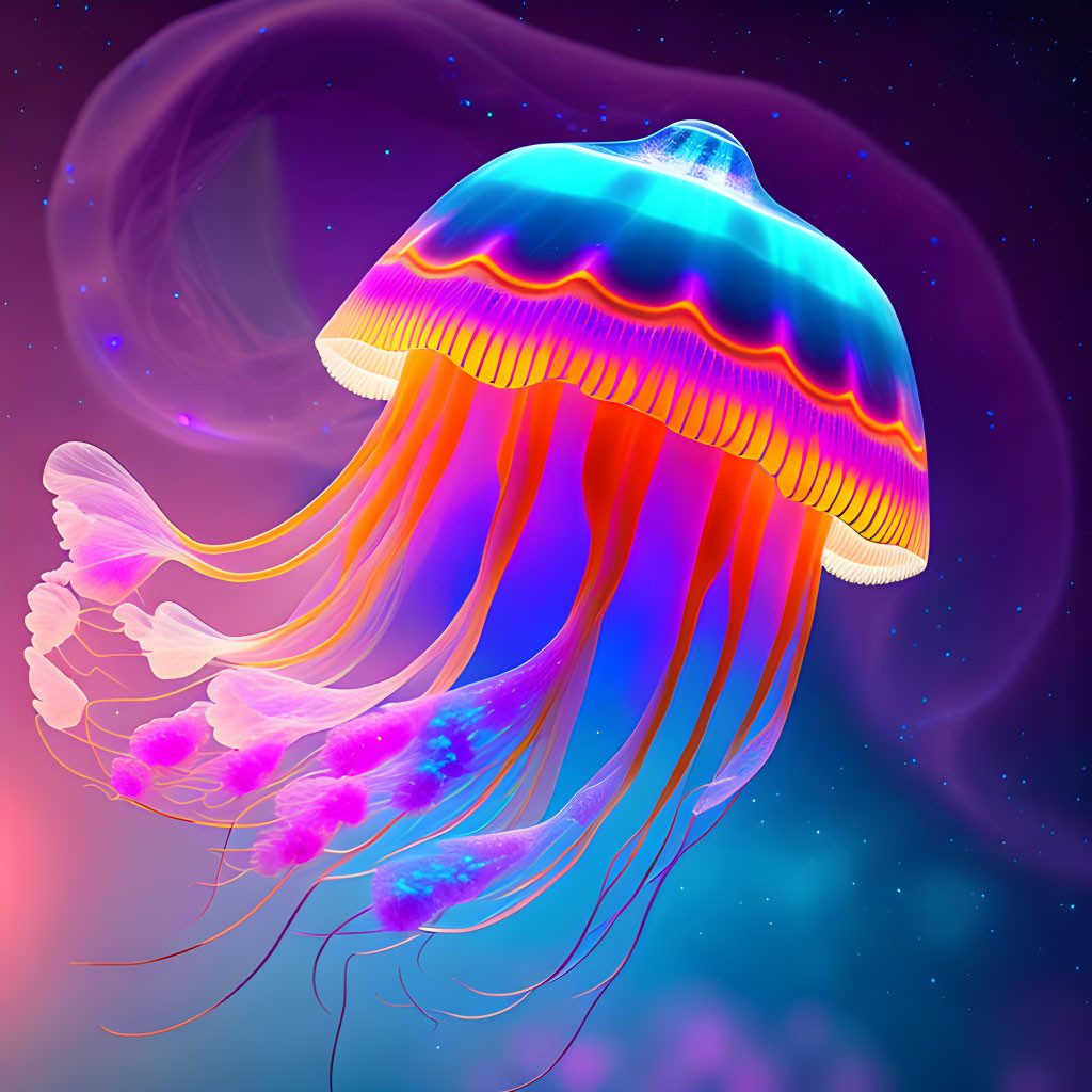 Colorful jellyfish digital art in neon blue and pink on purple space background