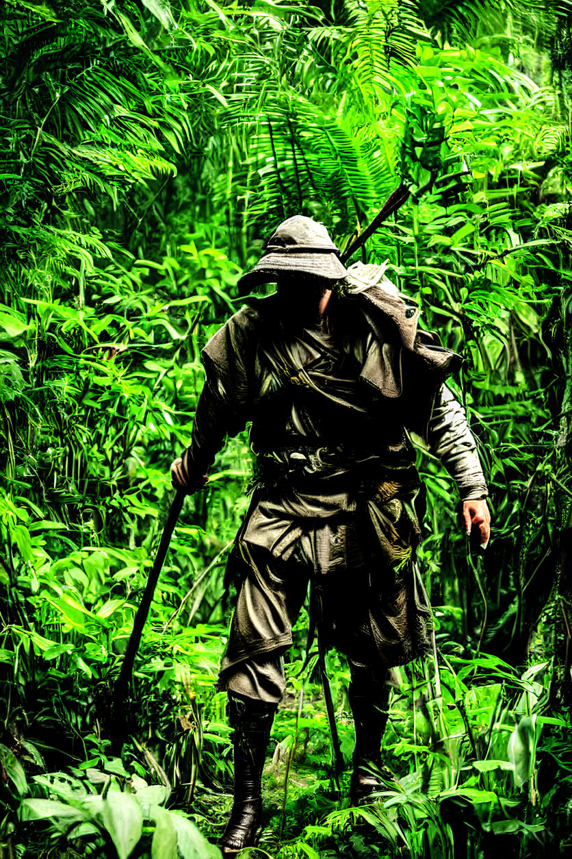 Explorer in Hat and Gear Trekking Through Dense Jungle with Walking Stick