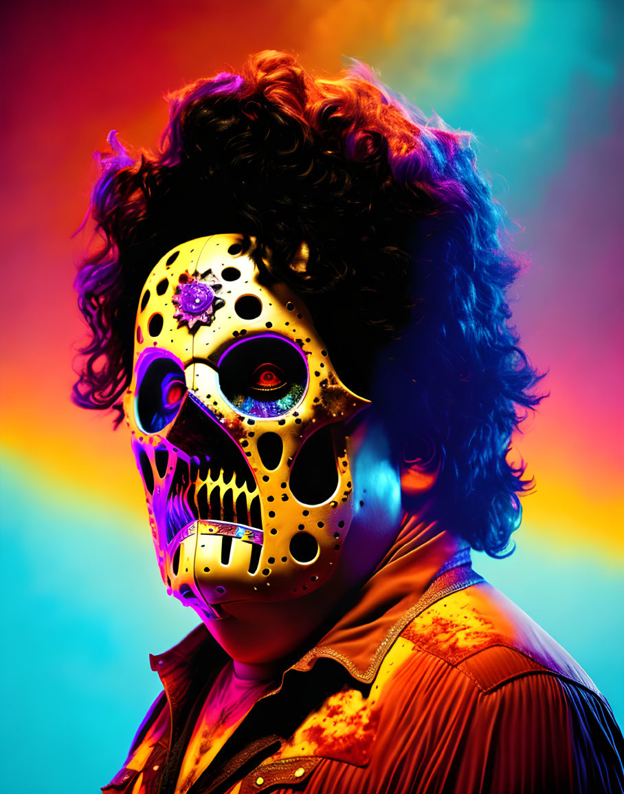 Curly Haired Person in Skull Mask on Vibrant Blue-Orange Background