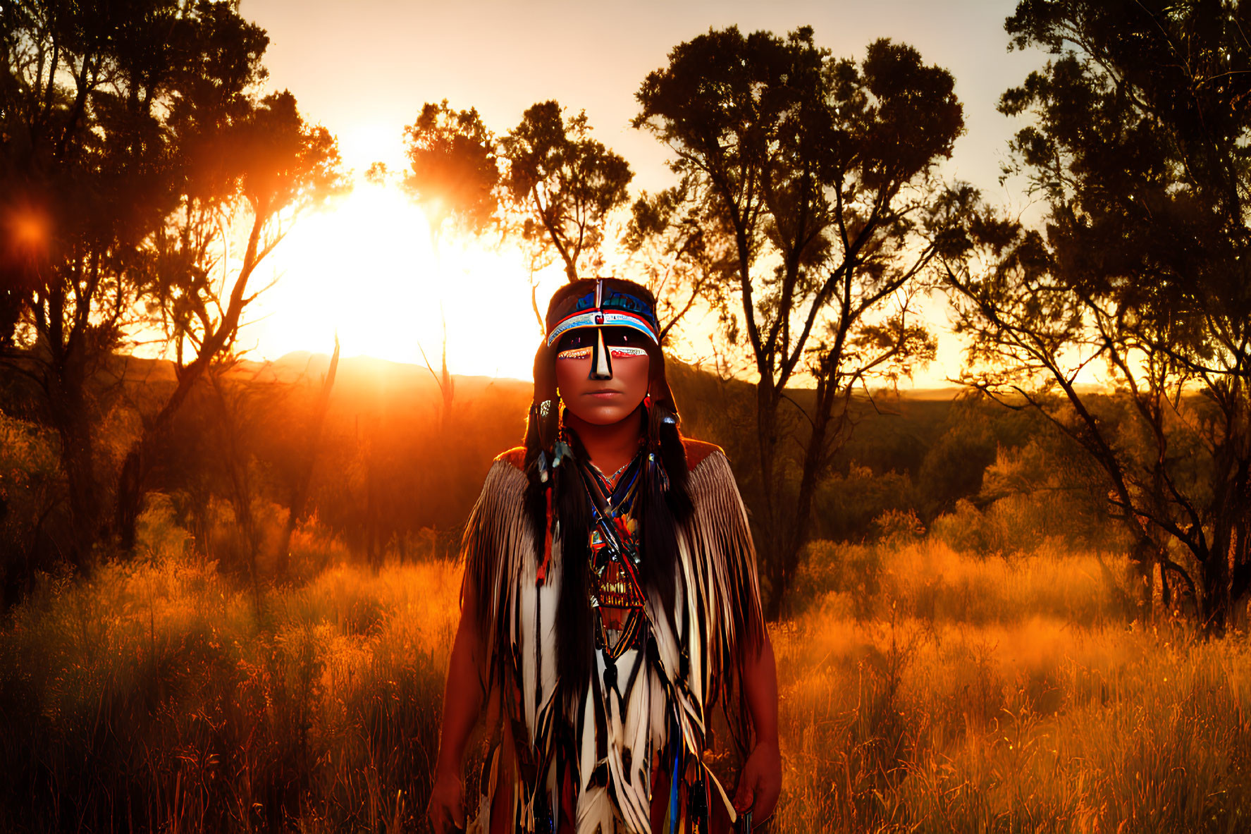 Native American attire figure in grassy field at sunset