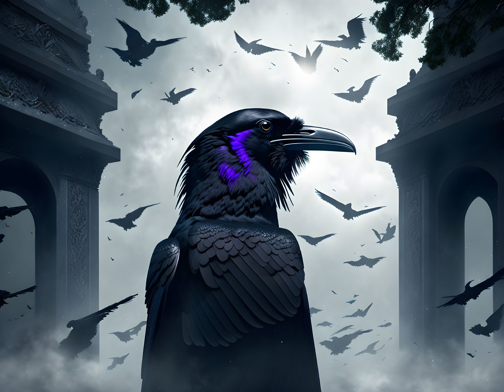 Black raven with purple neck by archway and flying birds