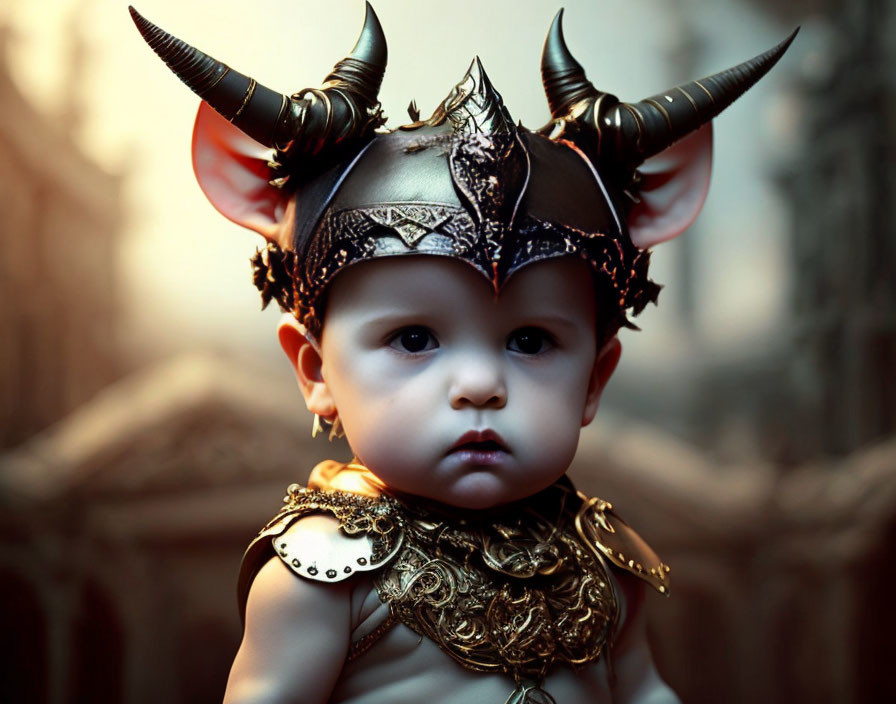 Serious Baby in Fantasy Warrior Costume with Horns