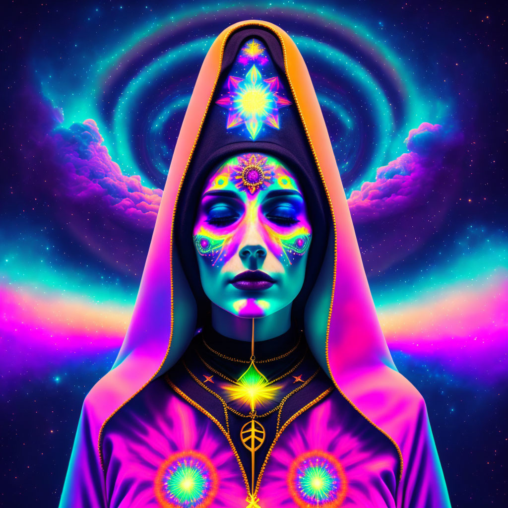 Colorful digital artwork of a person with cosmic makeup and neon colors against a space-themed background