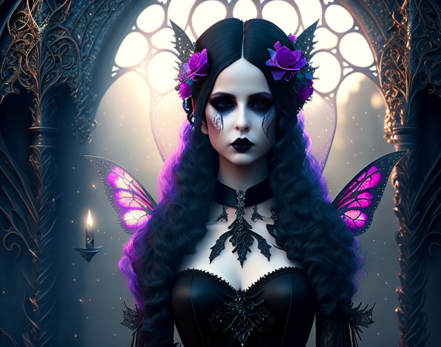 Gothic fantasy figure with dark hair and violet butterfly wings in black lace attire