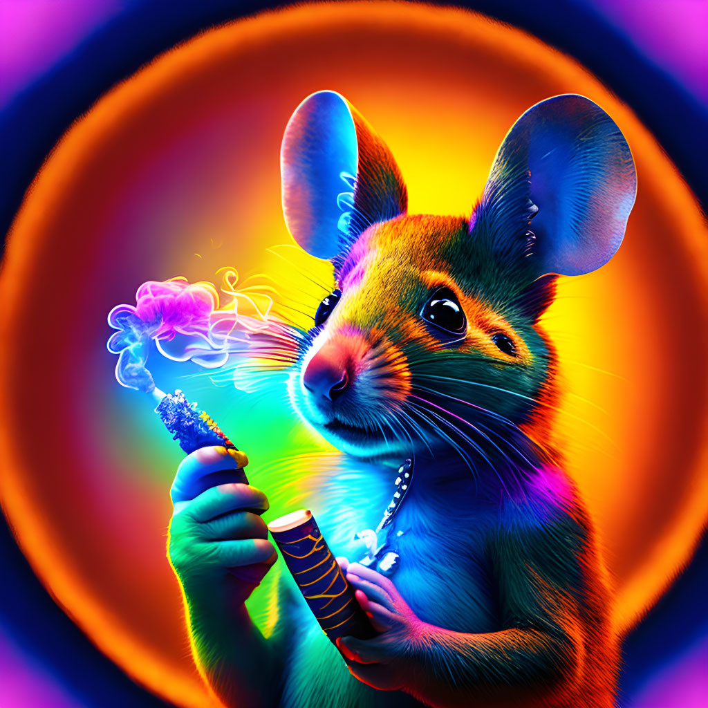 Colorful Digital Illustration: Mouse with Sparkler on Neon Background