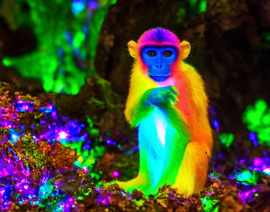 Vibrant neon-lit monkey in colorful foliage