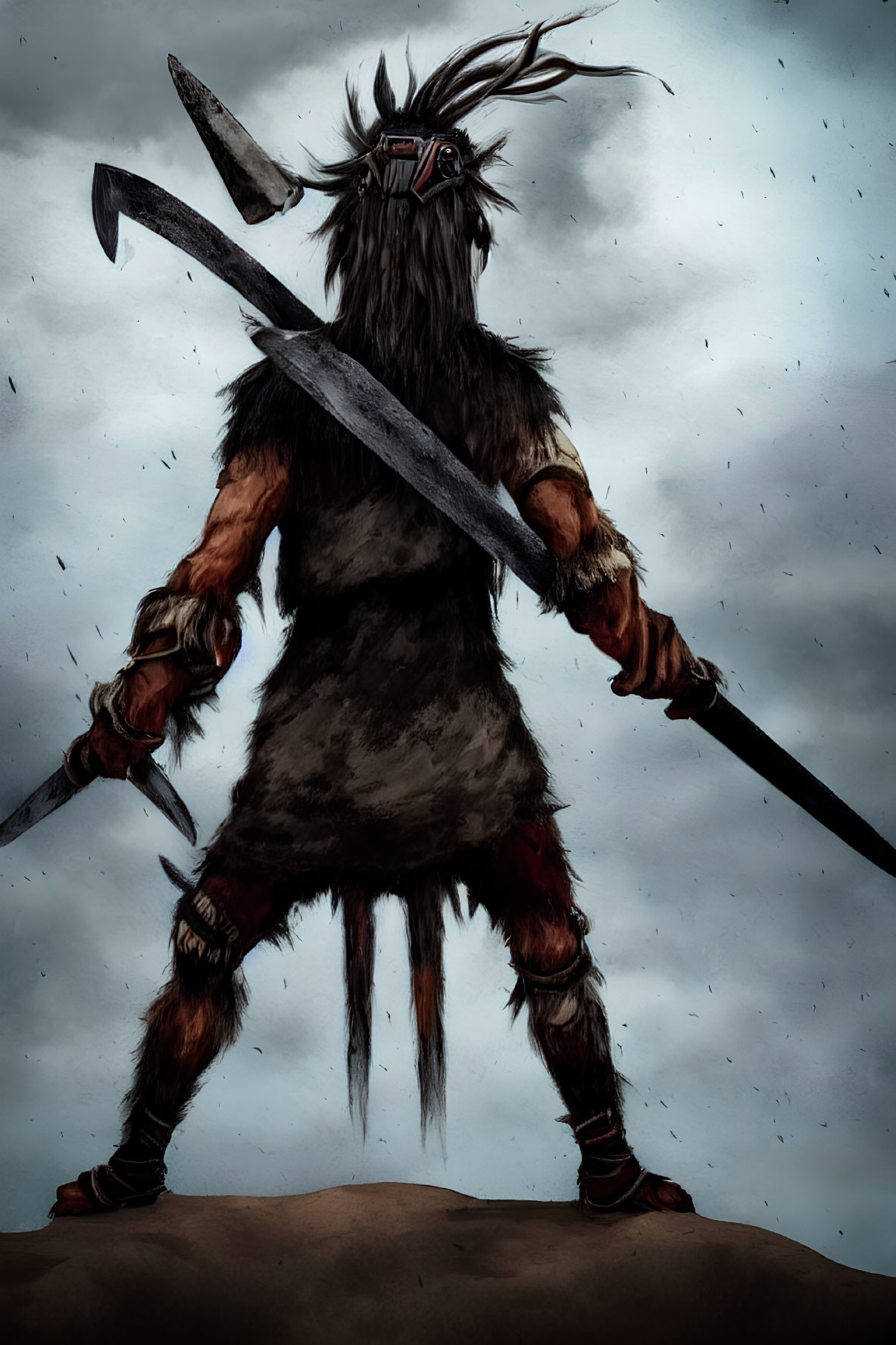 Fierce warrior in furs with sword and spear under stormy sky