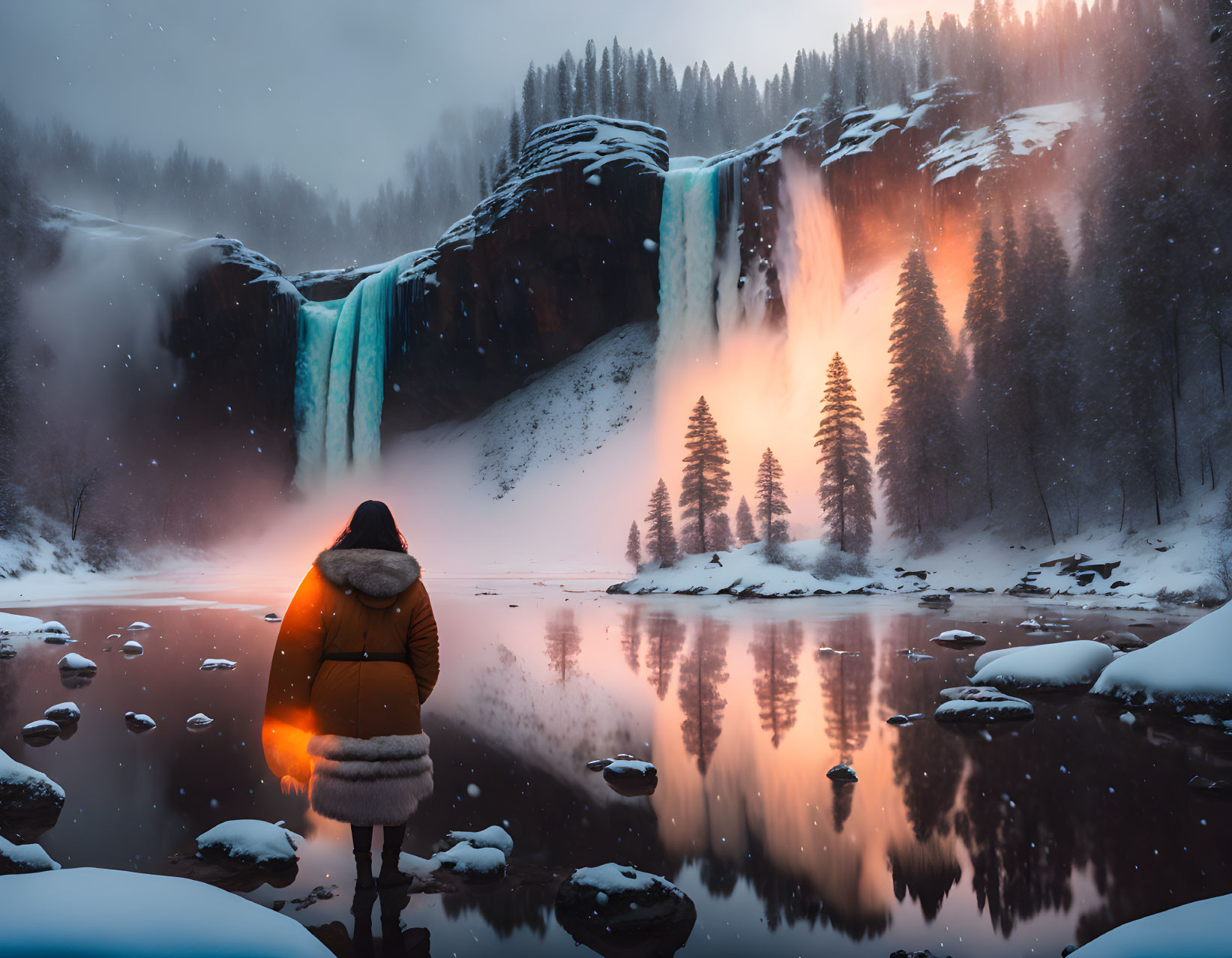 Snow-covered riverside with person in warm jacket gazing at twilight waterfall